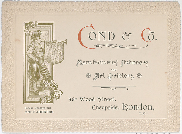 Anonymous, British, 19th century, Trade Card for Cond & Co., Manufacturing Stationers and Art Printers