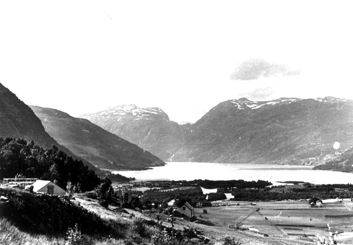 Anna Grostøl, Oversiktsbild fra Røldal med stavkirke og bebyggelse, Hordaland 1939.