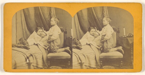 Unknown, [One child in bed, another kneeling in chair comforting him]