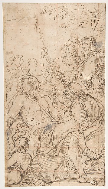 Luca Giordano, Fragment of a Composition with a Reclining Semi-Nude Man Surrounded by Soldiers and Other Onlookers in a Landscape