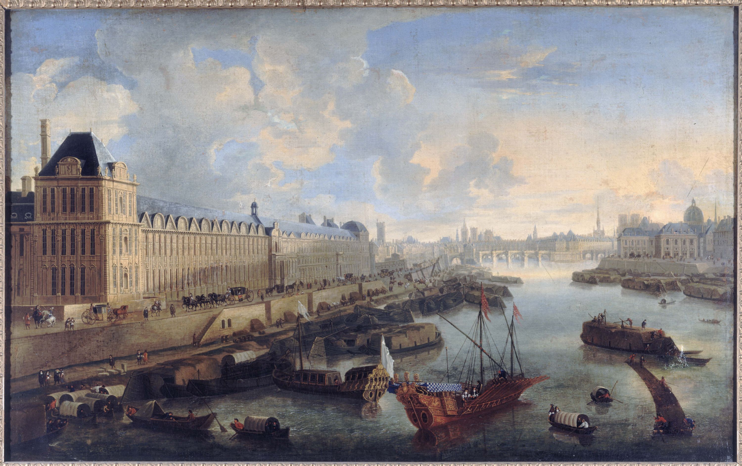 Anonyme, La Grande Galerie du Louvre, le Pont-Neuf, la Cité, le collège des Quatres-Nations, vers 1670, sur la Seine la galère royale, actuels 1er et 6ème arrondissements.
