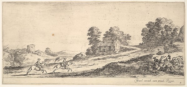 Stefano della Bella, Plate 9: two horsemen at left galloping uphill towards the right, a horse and seated man to right, from "Various Landscapes" (Divers Paysages)