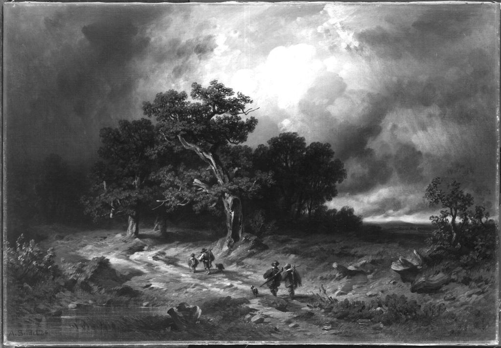 August Seidel, Gewitterlandschaft mit heimziehenden Jägern