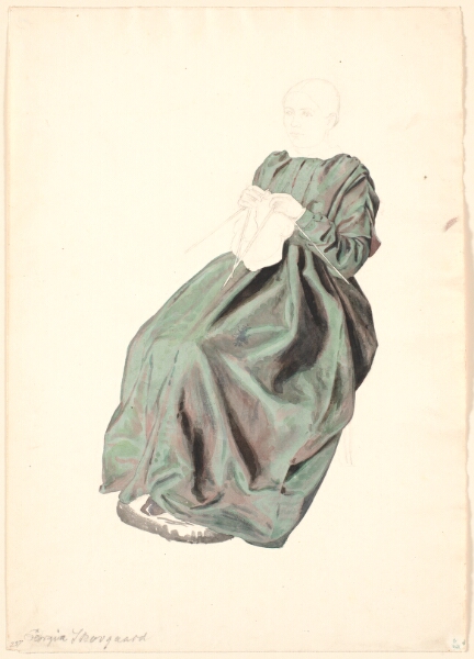 P.C. Skovgaard, Kunstnerens hustru, siddende med sit strikketøj, i grøn changerende kjole, ansigt og hænder kun skitseret med blyant.