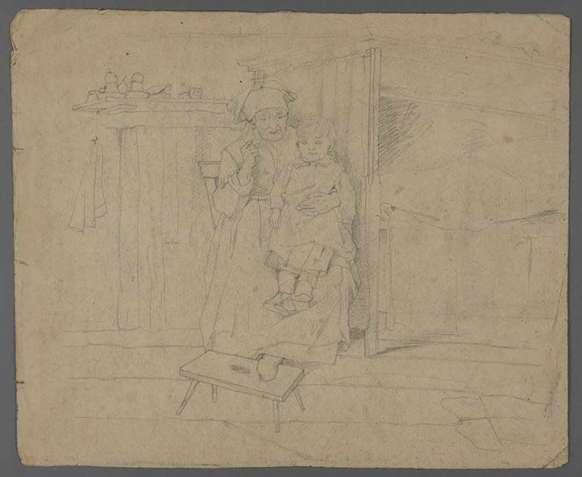 Karl Hagemeister, Großmutter mit Enkel auf dem Schoß, wohl 1885/1886