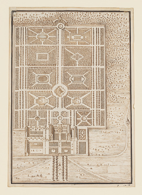 Anonymous, French, 18th century, Bird's-Eye View of a French Château and Formal Garden