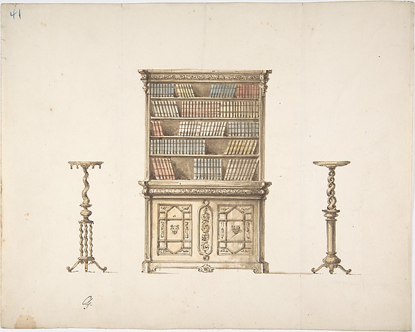 Anonymous, British, 19th century, Design for a Bookcabinet and Two Pedestals (Verso: sketch)