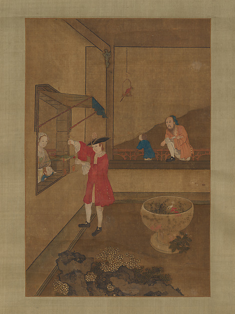 Unidentified artist, European Couple and Child Playing with Parrot