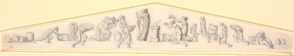 Nicolai Abildgaard, Frontongruppe med talrige figurer, der bringer frugter og varer hen mod et alter, ved hvis side der står en kvinde, symboliserende skibsfarten