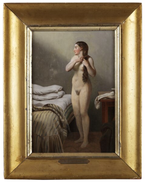 Christoffer Wilhelm Eckersberg, En qvindelig Figur, som staar ved en Seng, reder sit Haar