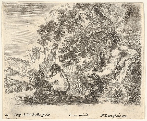 Stefano della Bella, Plate 23: a satyr sitting against a tree to right and holding a flute in his right hand, a child playing with a goat to left, from "Diversi Capricci"