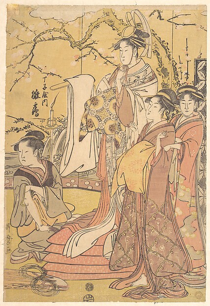 Kitagawa Utamaro, The Oiran Hinazuru of Chojiya Standing upon a Pile of Futon