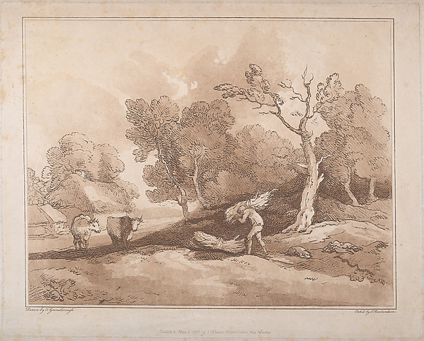 Thomas Rowlandson, Landscape with a Figure Carrying a Bundle of Branches, a Copice Behind, Two Cows in a Field at Left