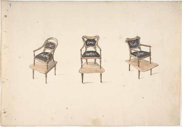 Anonymous, British, 19th century, Design for Three Small Elevated Armchairs