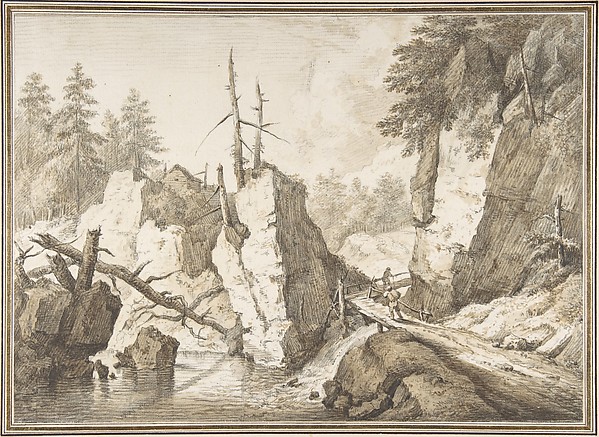 Franz Schütz, Swiss mountain landscape with small bridge spanning a brook