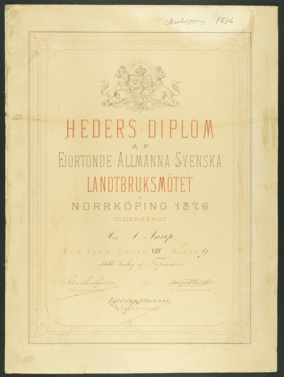 Unknown artist, Hedersdiplom, fjortonde allmäna svenska landtbruksmötet, Norrköping 1876, Göteborg, ur boken med ritningar mm 1868-1887, av den svenske torvmaskinkonstruktören Aleph Anrep.