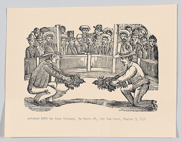 José Guadalupe Posada, Two men in an arena holding cocks in preparation for a fight, spectators around the perimeter