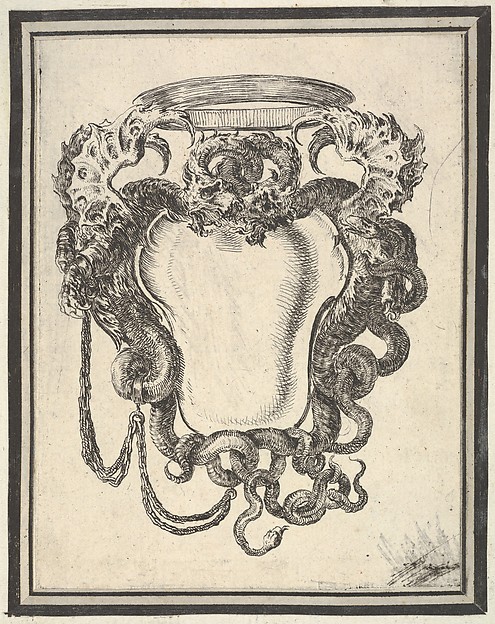 Stefano della Bella, A cartouche flanked by dragons, their tails supporting a crown at top, plate 8 from "Nouvelles inventions de Cartouches"