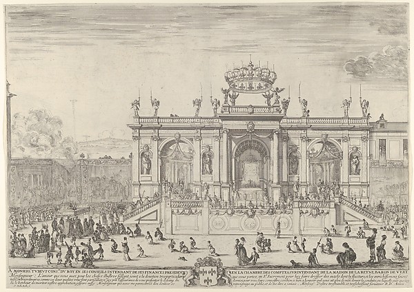 Stefano della Bella, The altar of the holy sacrament; at left, the sacrament beneath a canopy, carried in procession and followed by the Louis XIV and Anne of Austria heading towards a large arched structure, spectators at left and right kneel in front of tapestries after Raphael