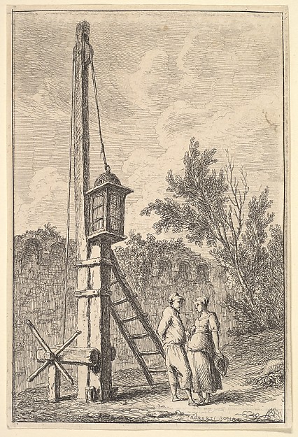 Hubert Robert, Plate 9: The Pulley: a man and a woman conversing to right, a lantern hung on a post to left, from "Les soirées de Rome"
