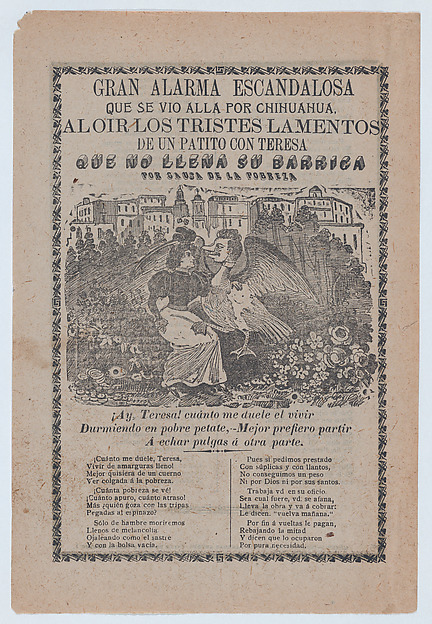 José Guadalupe Posada, Broadsheet with a ballad addressing poverty, woman sitting in a field of flowers with a duck that has a human's head
