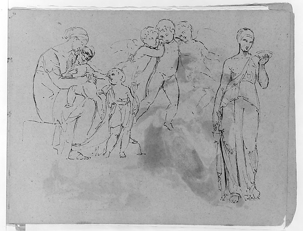 Thomas Sully, Madonna With Christ and John Baptist [?]; Three Cherubs; Standing Classical Female Figure, Holding Bowl (from Sketchbook)