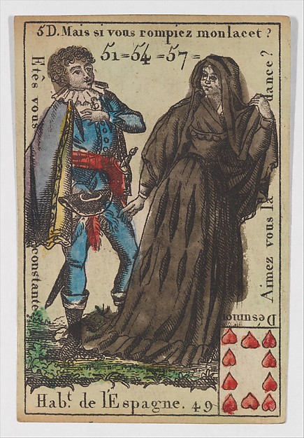 Anonymous, French, 18th century, Hab.t de l'Espagne, from the playing cards (for quartets) "Costumes des Peuples Étrangers"