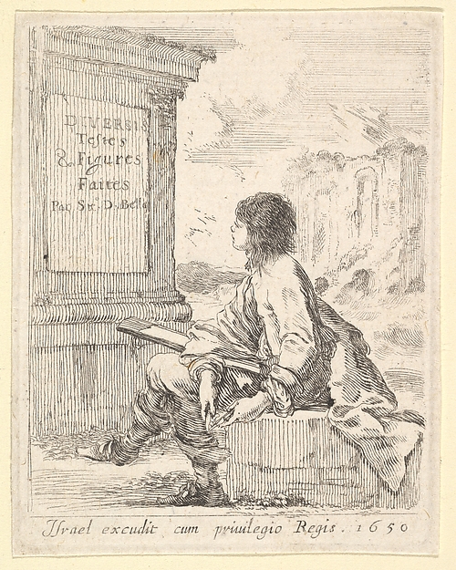 Stefano della Bella, Plate 1: a young man sitting on a stone, facing left in profile, holding a drawing pad in his lap and a pen in his left hand, a pedestal with title to left and ruins to right in the background, title page from "Various heads and figures" (Diverses têtes et figures)