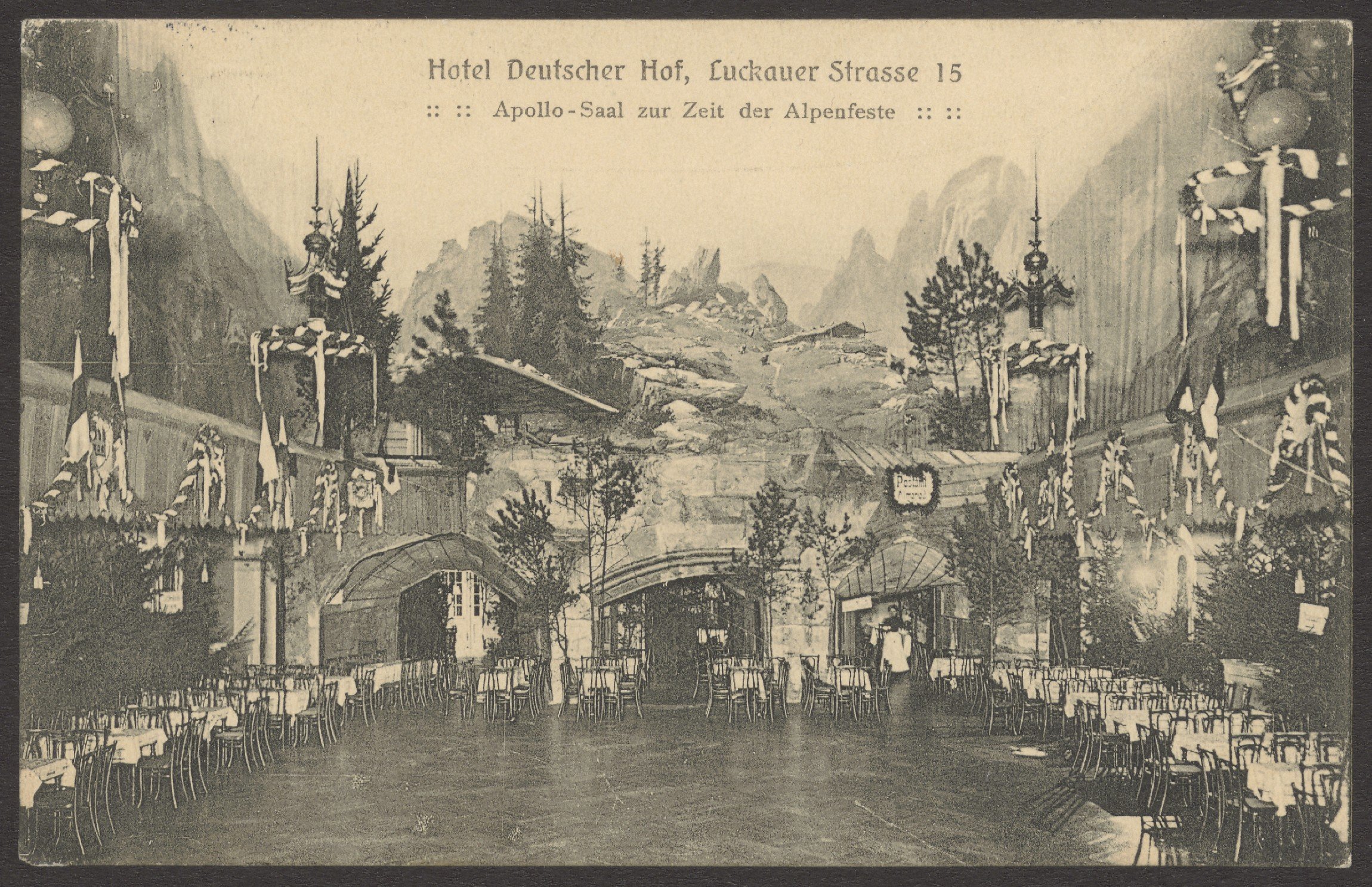 Kunstverlag J. Goldiner, Ansichtskarte "Apollo-Saal zur Zeit der Alpenfeste" im Deutschen Hof, Luckauer Straße 15