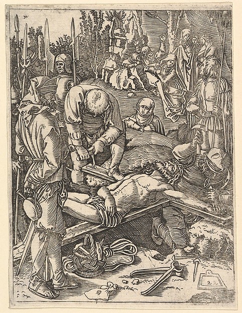 Marcantonio Raimondi, Two men nailing Christ to the cross before onlookers, from "The Passion of Christ", after Dürer