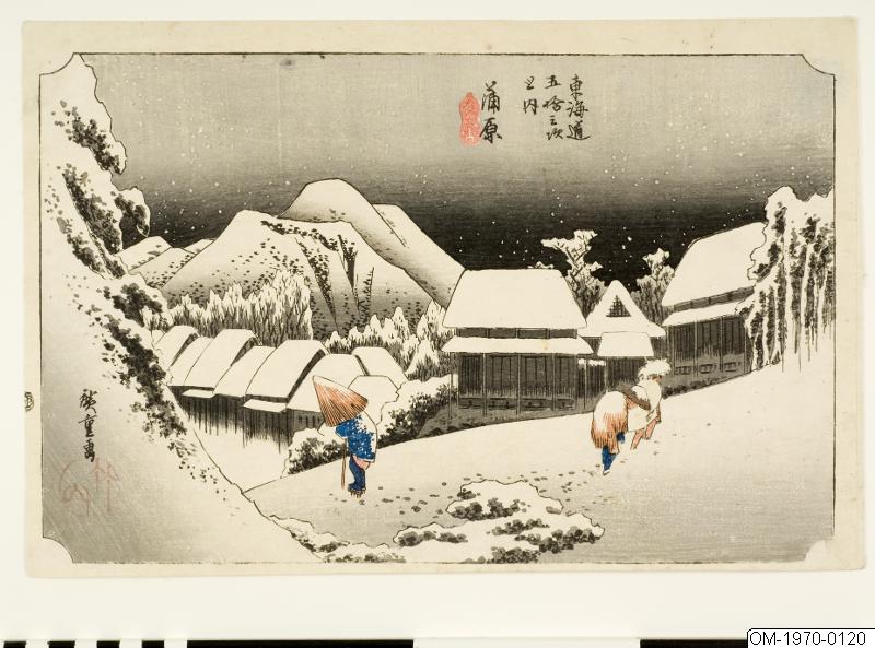 Ando (senare Utagawa Hiroshige) Hiroshige, Träsnitt, Bildkonst, Kvällssnö över Kanbara, 1834, Woodblock, Woodcut, Print