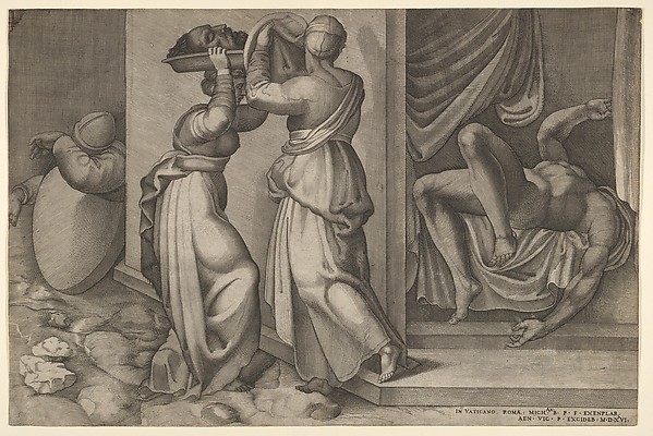 Enea Vico, Judith giving the head of Holofernes on a platter, which is about to be covered with a cloth, to her servant, with the foreshortened, naked body of Holofernes at right
