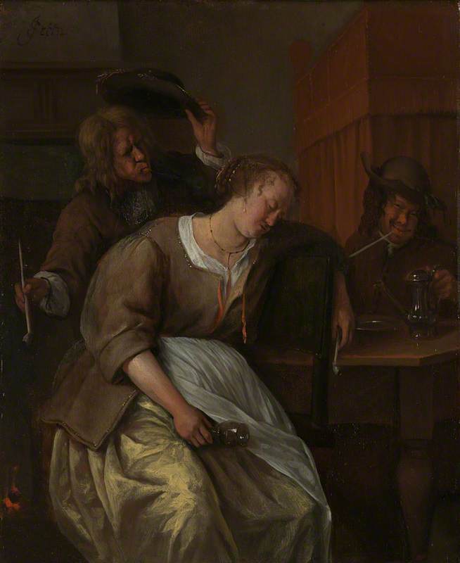 Jan Steen, A Man Blowing Smoke at Drunken Woman