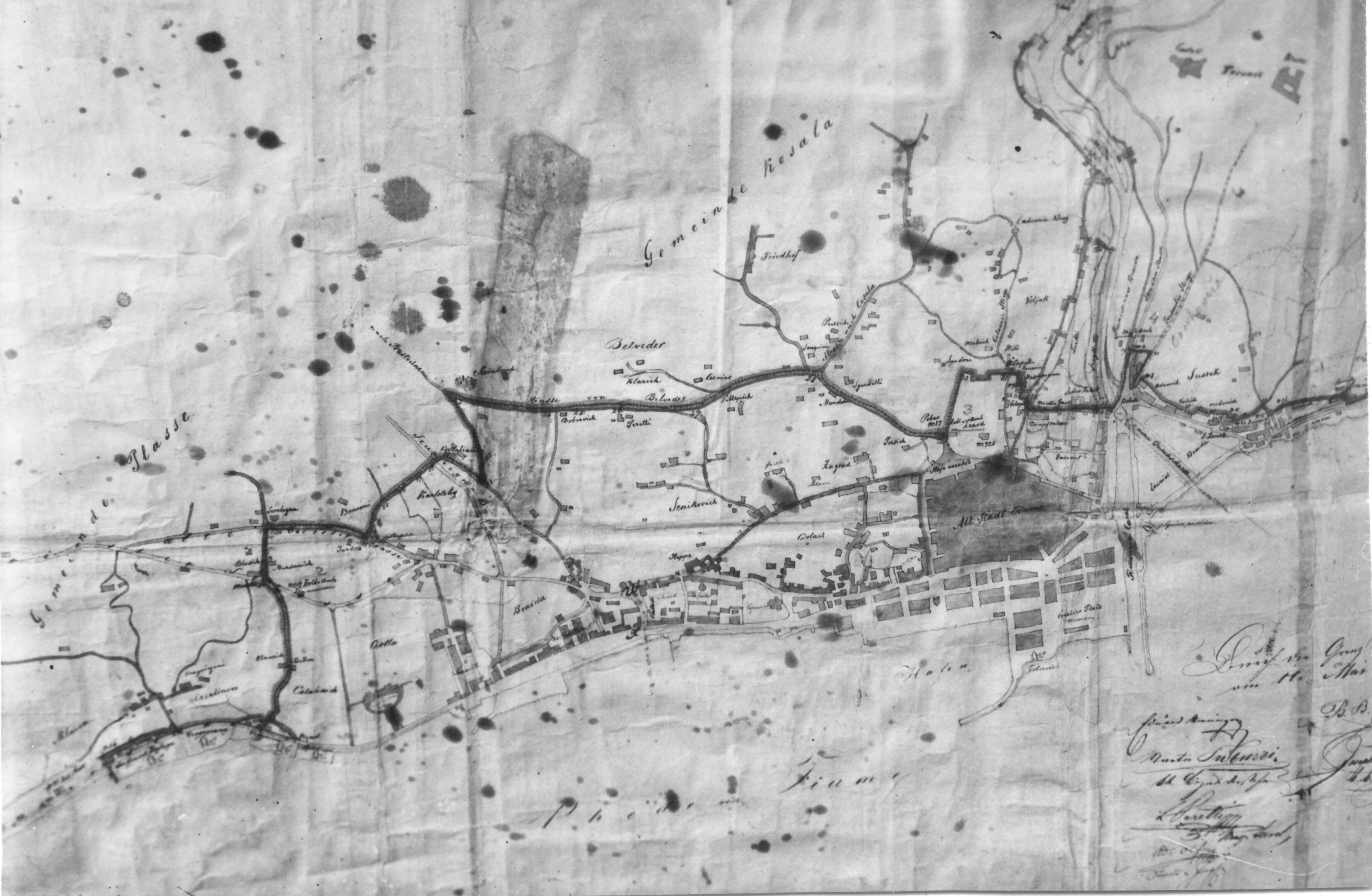 Branko Fučić, Rijeka, Gradski muzej Rijeka, detalj, eksponat: originalna mapa riječke slobodne luke iz 1873. godine s hrvatskim nazivima lokaliteta