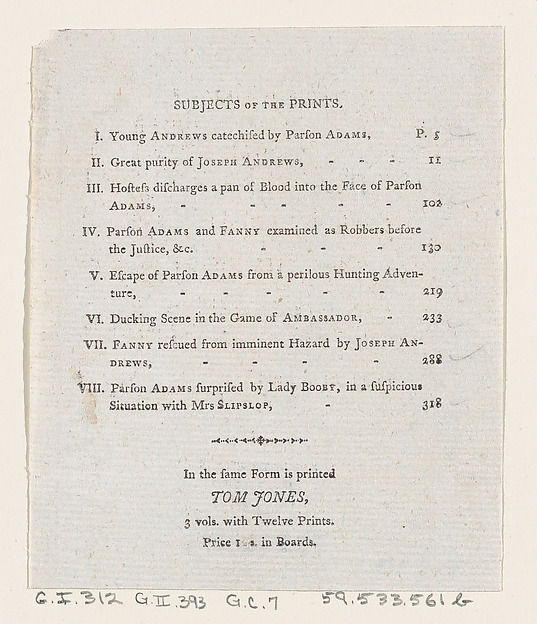 Thomas Rowlandson, Table of Contents: "The Adventures of Joseph Andrews, and his friend Mr. Abraham Adams"