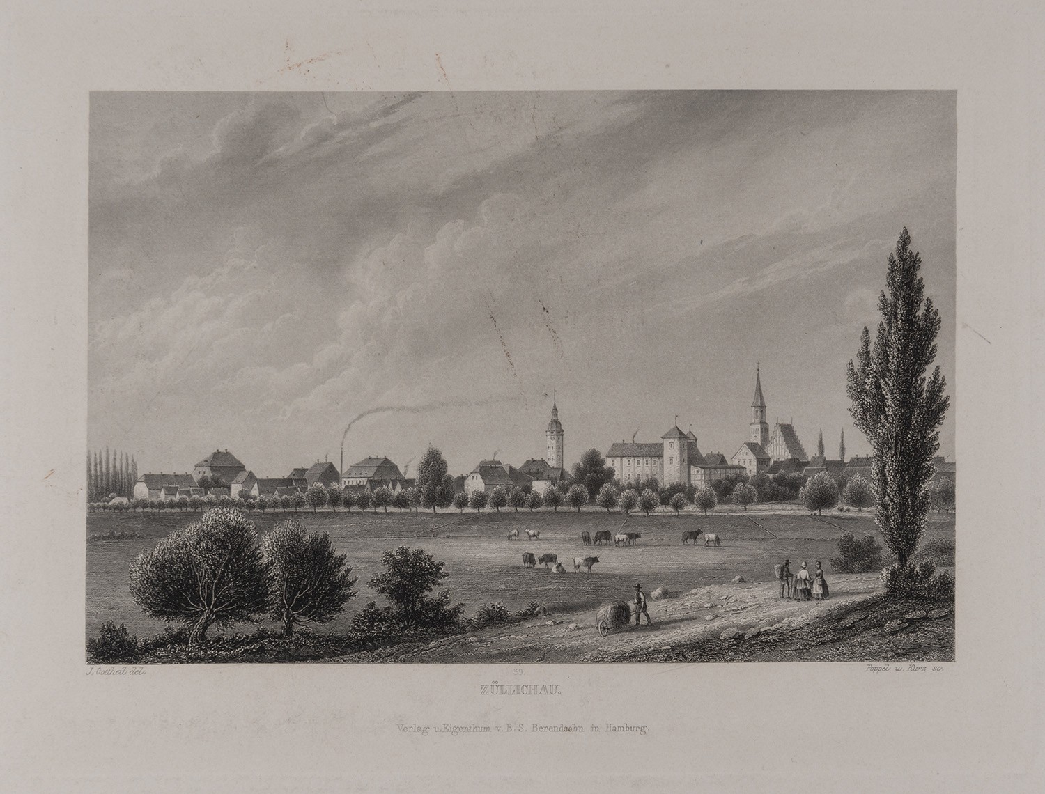 B. S. Berendsohn (Hamburg), Züllichau [Sulechów]: Stadtansicht von Nordosten (Brandenburgisches Album, Blatt 39)