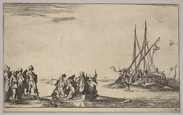 Stefano della Bella, A rowboat full of men in center, a group of men standing on shore at left, a ship full of men, one firing a pistol, at right, from "Set of eight nautical landscapes" (Suite de huit Marines)
