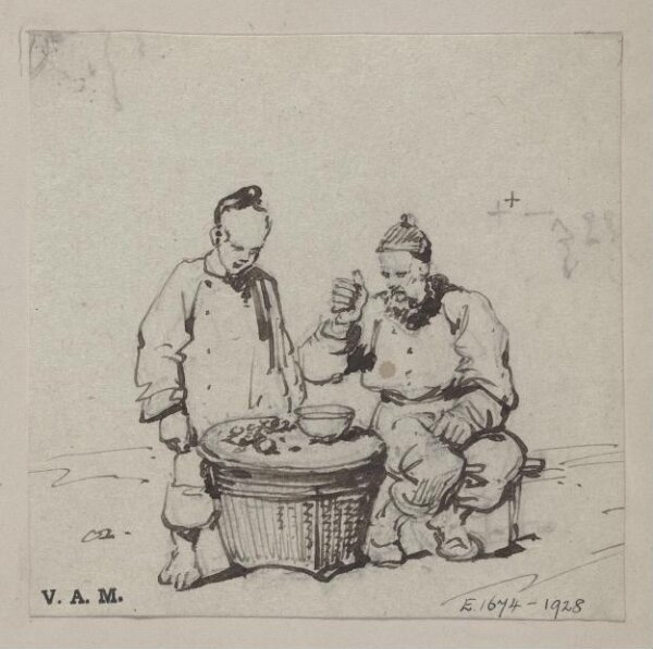 George Chinnery, A Chinese man and boy beside a bowl placed on a basket