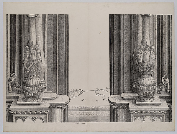 Albrecht Dürer, The Middle Section of the Entryway to the Central Portal, the Columns Decorated by Sirens and Sleeping Soldiers Behind, from the Arch of Honor, proof, dated 1515, printed 1517-18
