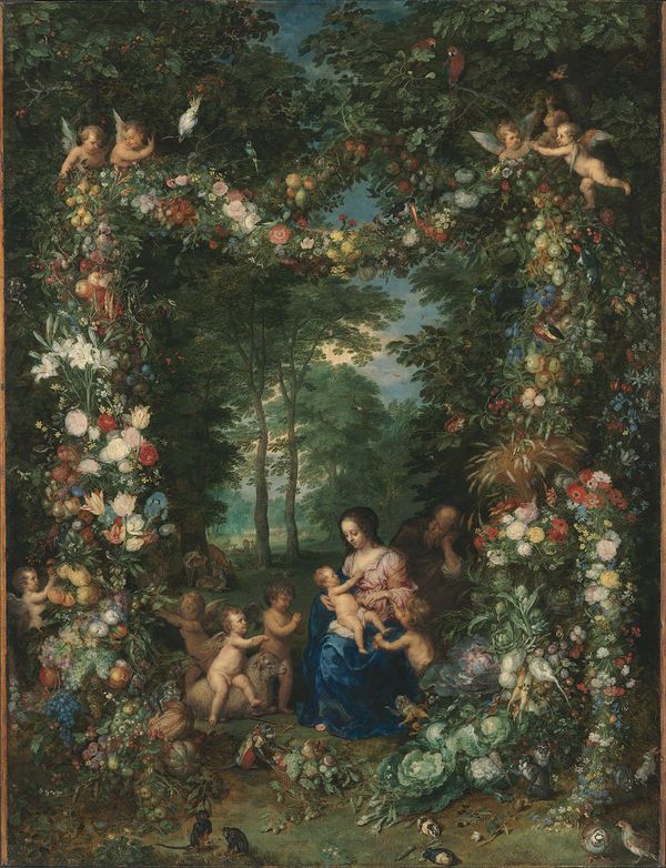 Jan Brueghel the Elder, Holy family with a garland of flowers and fruits