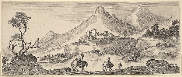 Stefano della Bella, Two horsemen descend a hill in center, following another man on foot, a castle in the mountains in the center background, from "Various Landscapes" (Divers Paysages)