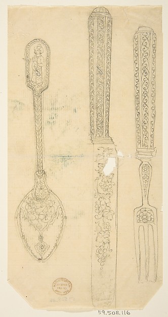 Anonymous, French, 19th century, Design for Silverware: Spoon, Knife, and Fork