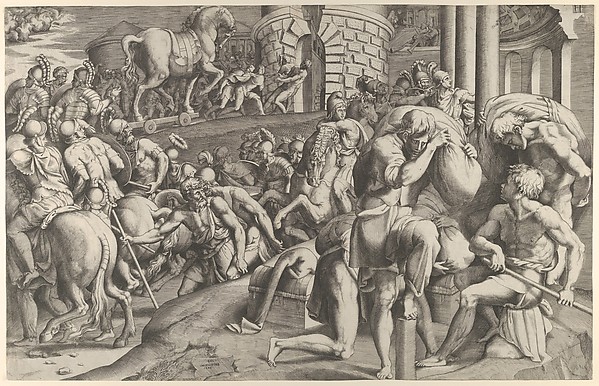 Giulio Bonasone, The Trojans hauling the wooden horse into Troy