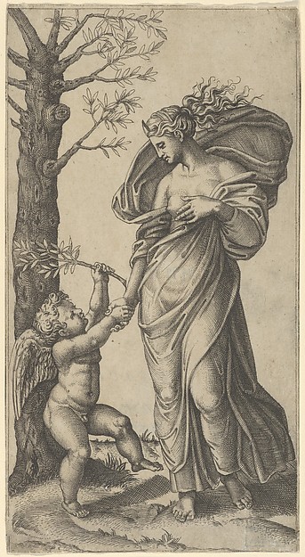 Marcantonio Raimondi, An allegory of Peace; Peace personified as a woman standing in a landscape  holding the left hand of a winged genius, tree at left