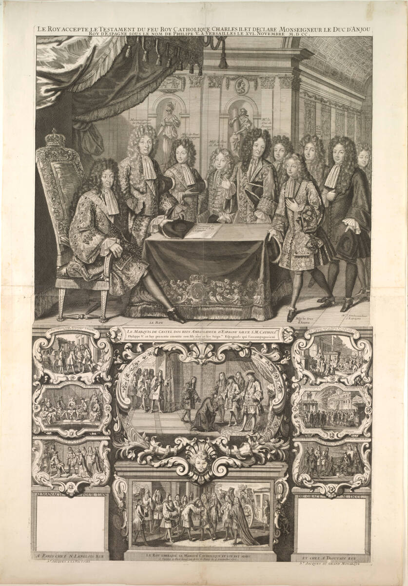 Anonym, Kalenderblatt auf die Anerkennung des Testamentes des spanischen Königs Karl II. durch Ludwig XIV. zugunsten seines Enkels Herzog Philipp von Anjou (Philipp V.)