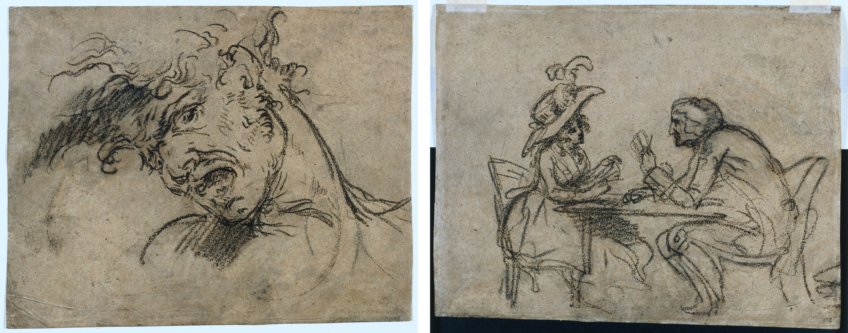 Benjamin West, Head of a Screaming Man (recto); Woman and Man Playing Cards (verso)
