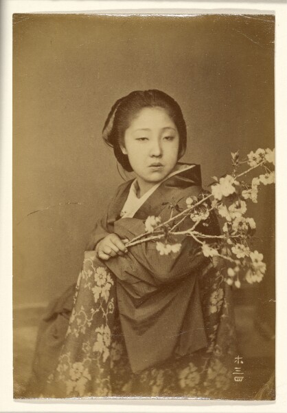 Unknown, [Japanese Woman Holding Blossoming Prunus Branch]