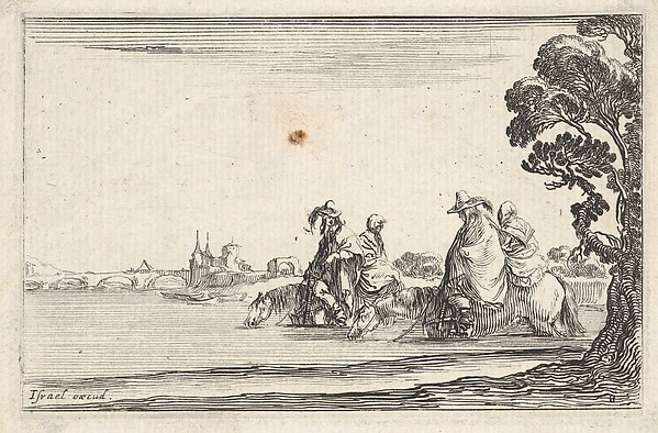 Stefano della Bella, Plate 8: Two horsemen in hats at right, each with a woman seated behind them, riding towards the left in profile across a river, a tree at far right, from "Caprice faict par de la Bella"