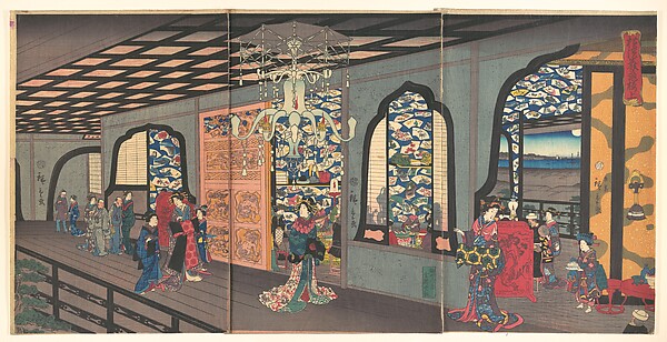 Utagawa Hiroshige II, Upper Floor of the Gankirō Tea House in Yokohama