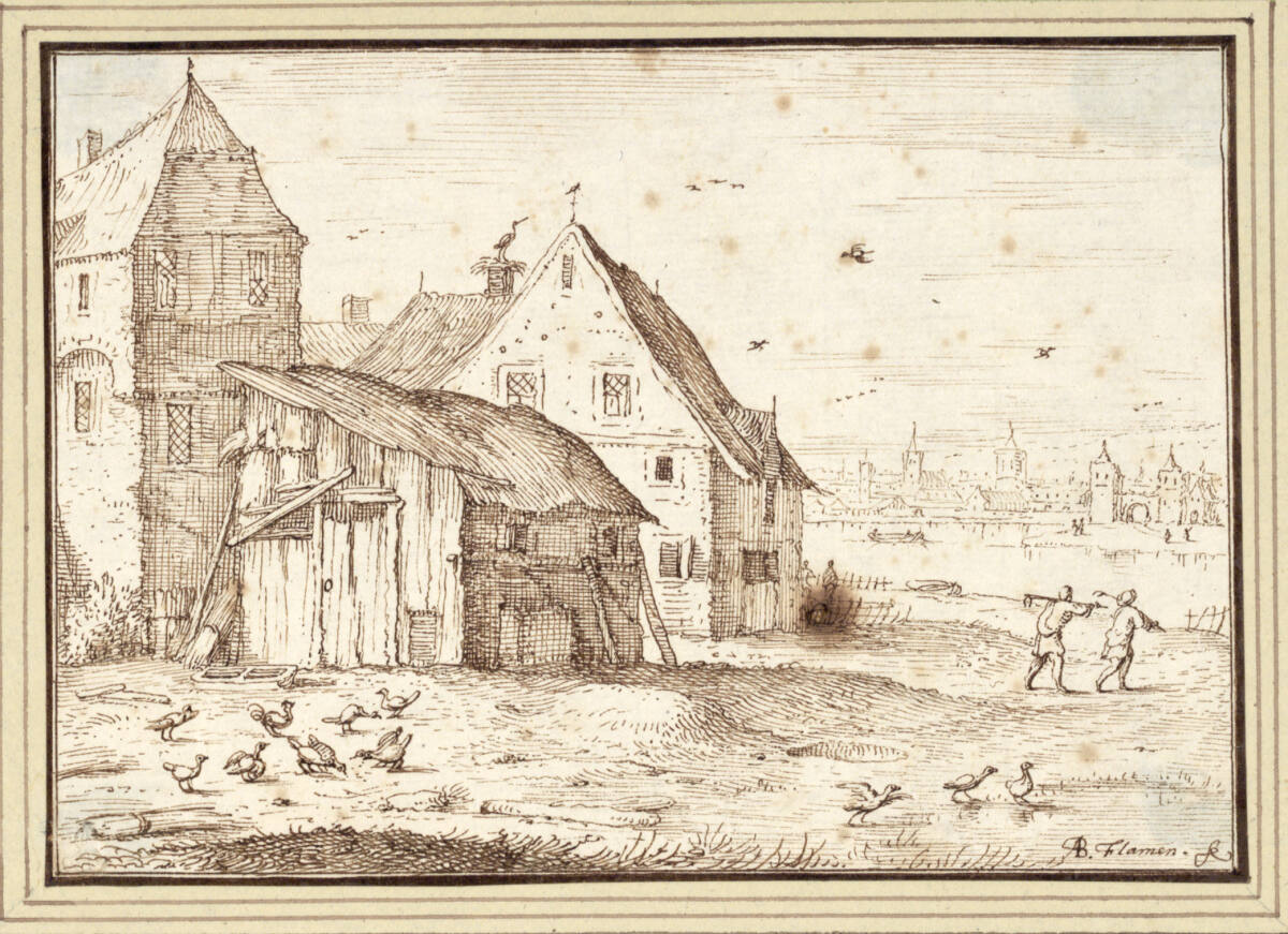 AlbertFlamen, Blick auf einen Stall und Häuser (II-16)